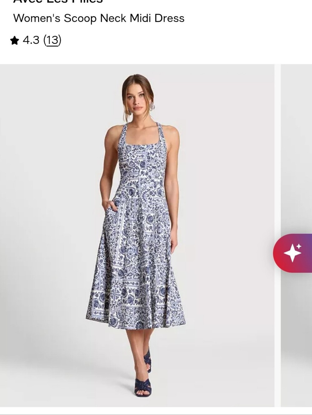 Avec Les Filles Blue & White Tile-Print Scoop Neck Midi Dress, Size 10 NWT